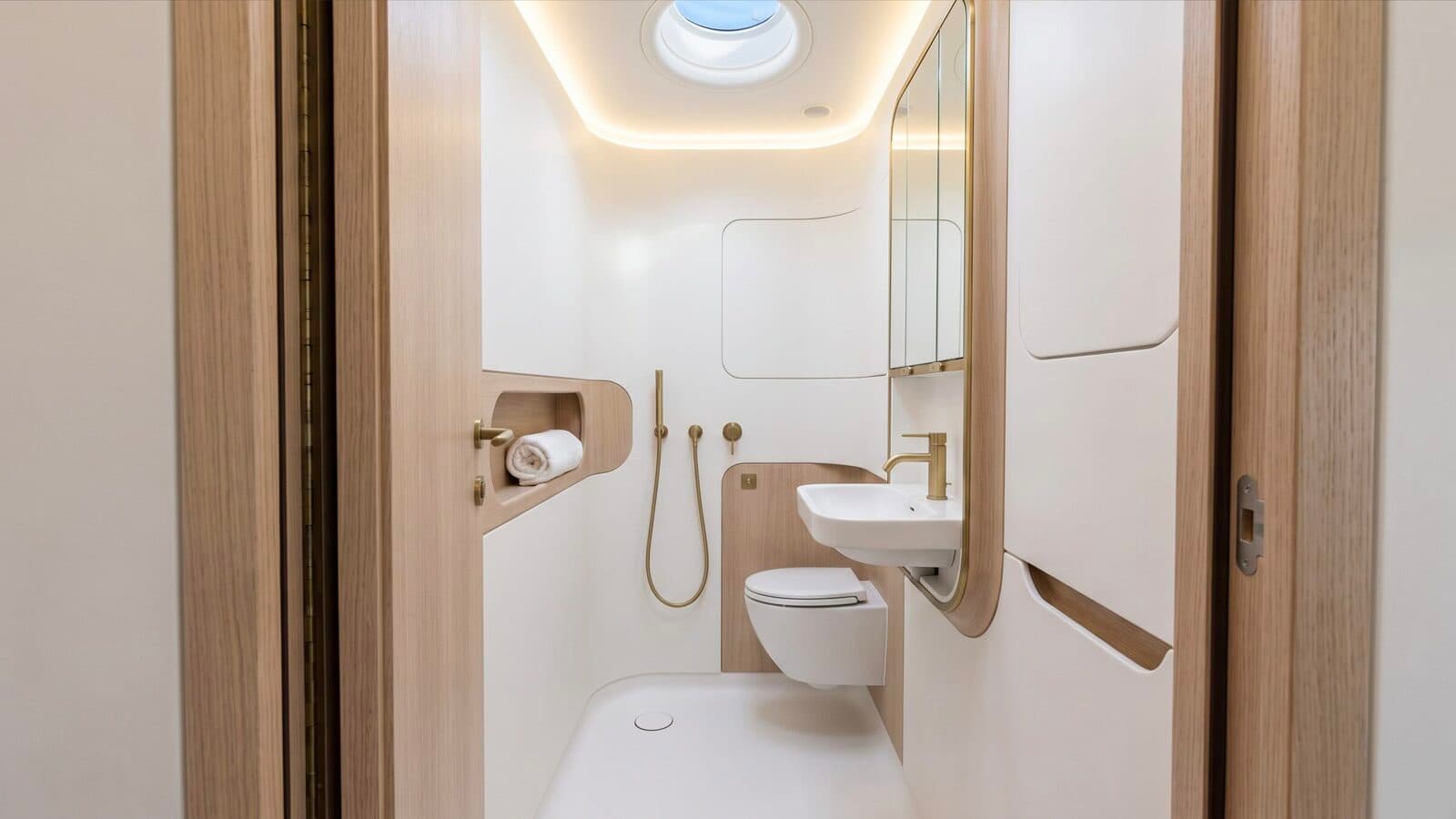 A compact white lavatory with oak trim and a brass shower