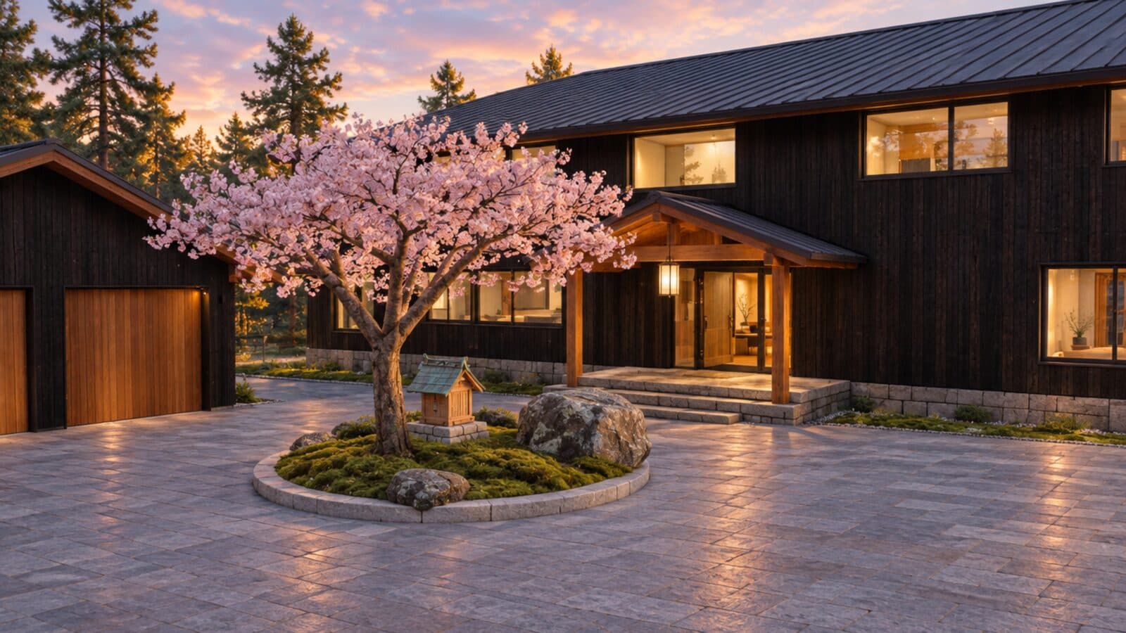 The arrival court in spring, with the cherry tree in bloom