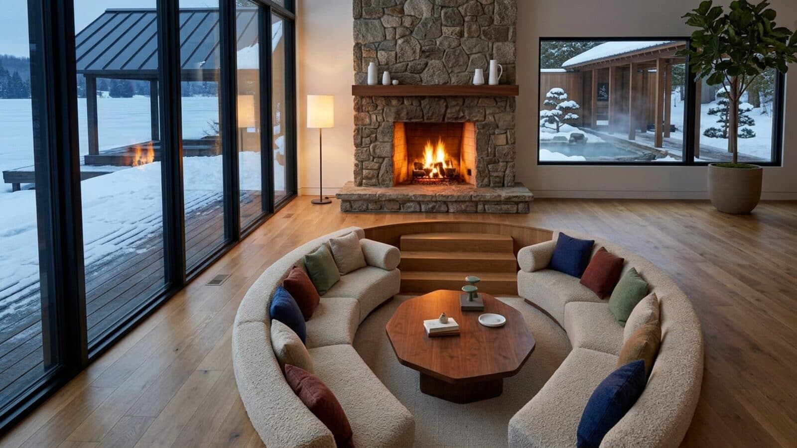 The conversation pit in winter, the fire lit