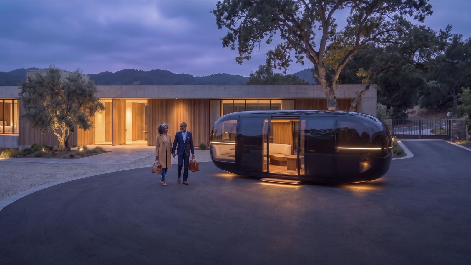 A couple walking to the Private Car on their driveway at dusk