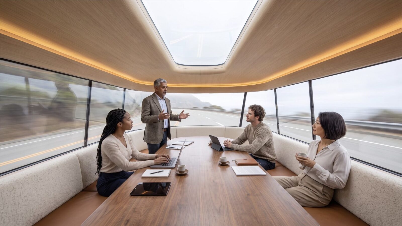 Four people in a meeting aboard Nocturne