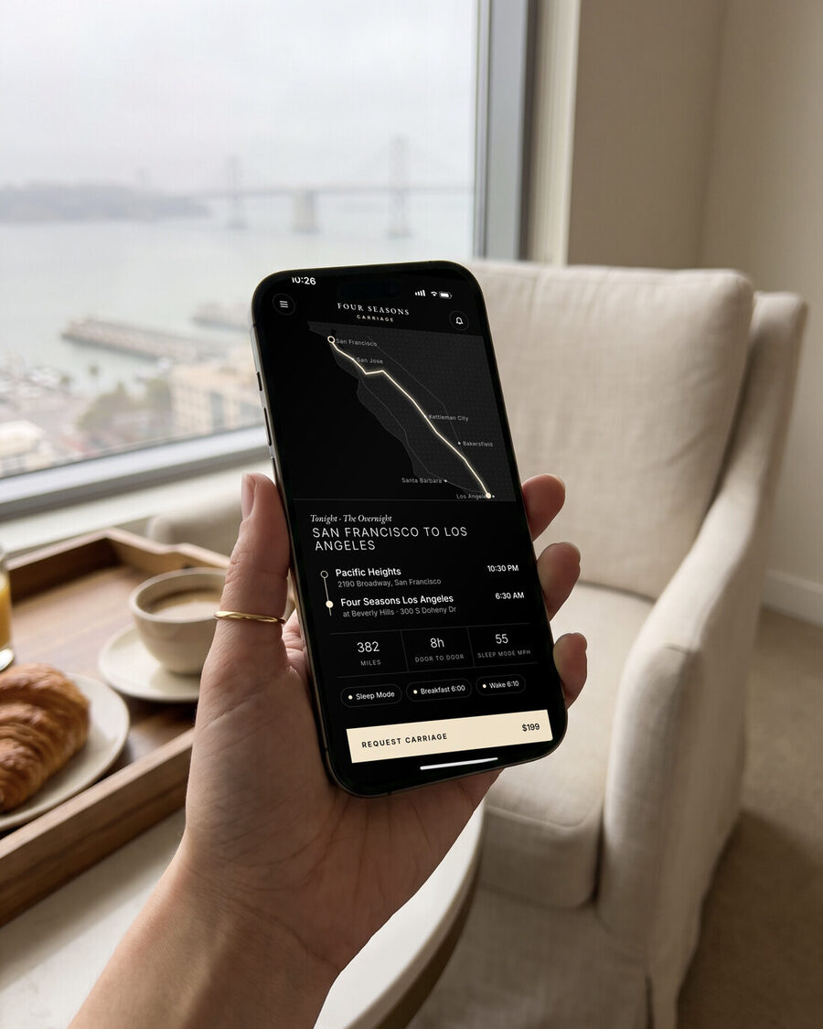 The app on an iPhone, mapping San Francisco to Los Angeles