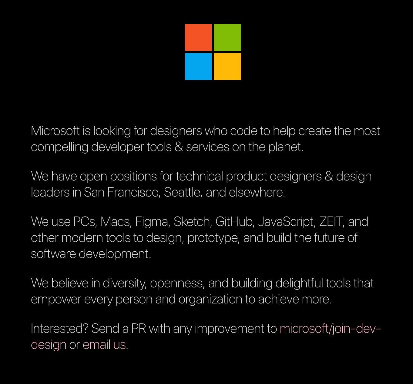 The first version of the page: a Microsoft logo and five short paragraphs on black