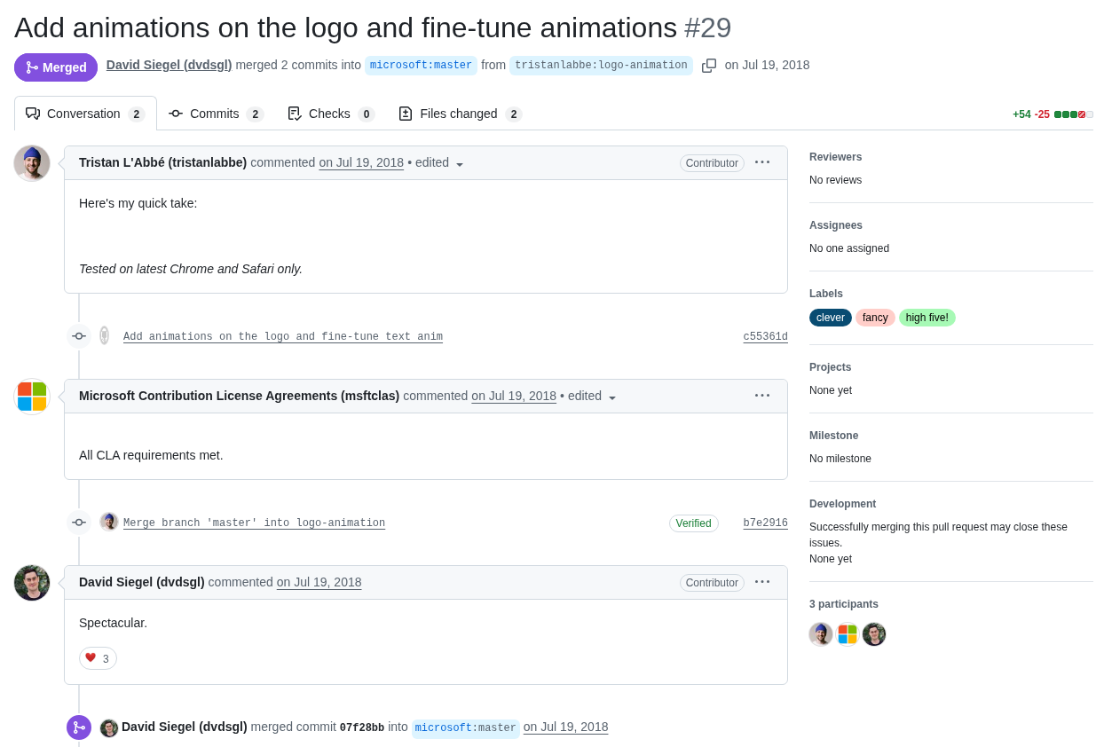 Tristan L'Abbé's pull request #29, labeled clever, fancy, and high five