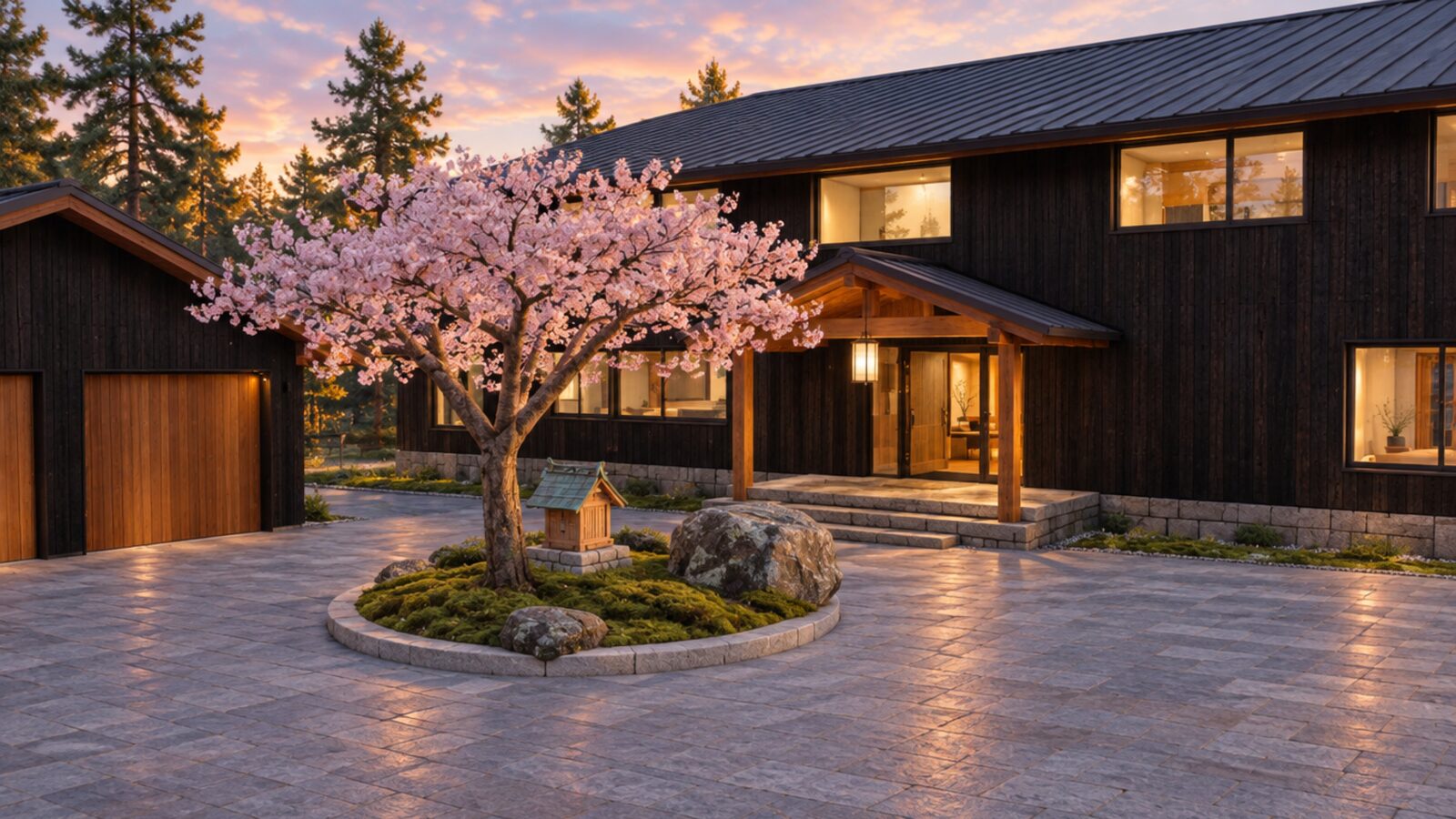 The arrival court in spring, with the cherry tree in bloom