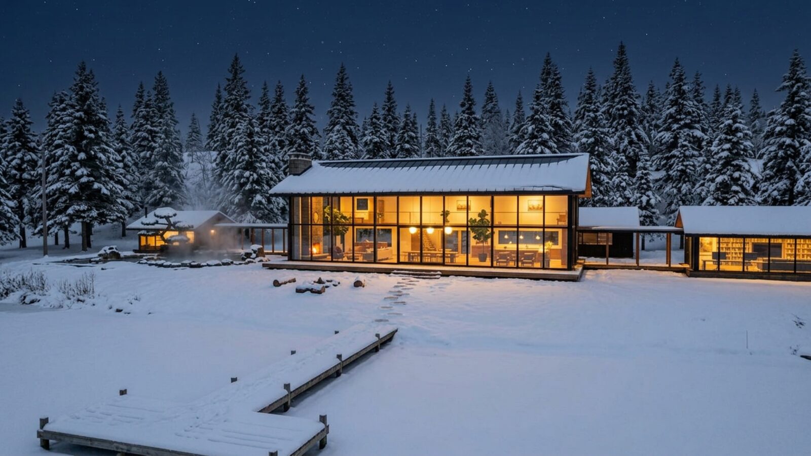The house lit like a lantern across the frozen lake