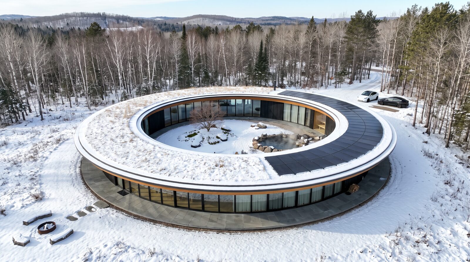 The ring in the snowy forest from above